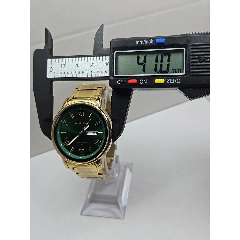 Armitron Mens Gold Tone Green Dial Day Date Quartz Watch 20/4935GP New Battery